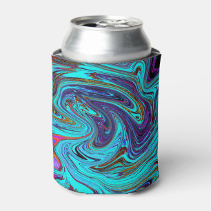 Aqua Blue and Black Groovy Abstract Retro Art Can Cooler