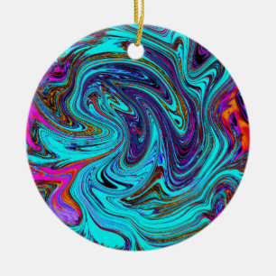 Aqua Blue and Black Groovy Abstract Retro Art Ceramic Ornament