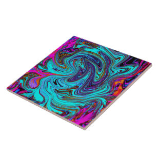 Aqua Blue and Black Groovy Abstract Retro Art Ceramic Tile