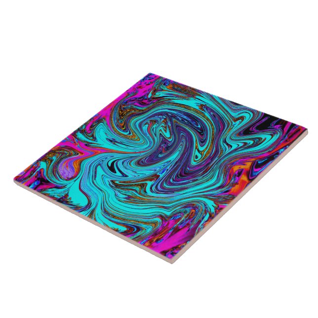 Aqua Blue and Black Groovy Abstract Retro Art Ceramic Tile (Side)