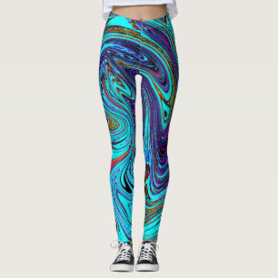 Aqua Blue and Black Groovy Abstract Retro Art Leggings