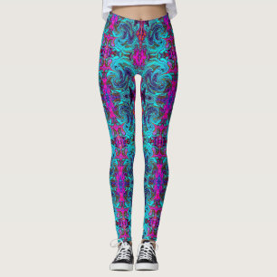 Aqua Blue and Black Groovy Abstract Retro Art Leggings