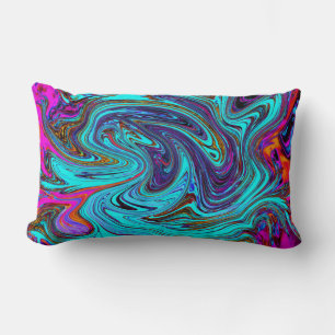 Aqua Blue and Black Groovy Abstract Retro Art Lumbar Cushion