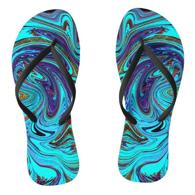 Aqua Blue and Black Groovy Abstract Retro Art Thongs (Footbed)