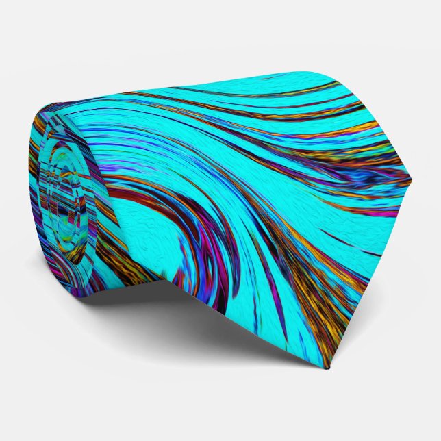 Aqua Blue and Black Groovy Abstract Retro Art Tie (Rolled)