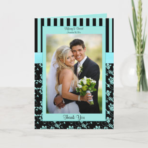 Aqua Blue and Black Stripe Photo Thank You Card