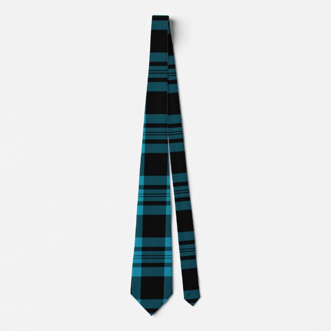Aqua Blue and Black Tartan Plaid Pattern Tie (Front)