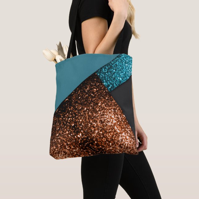 Aqua blue and bronze sparkles modern colour block tote bag (Close Up)