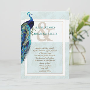 Aqua Blue and Brown Peacock Wedding Invitation