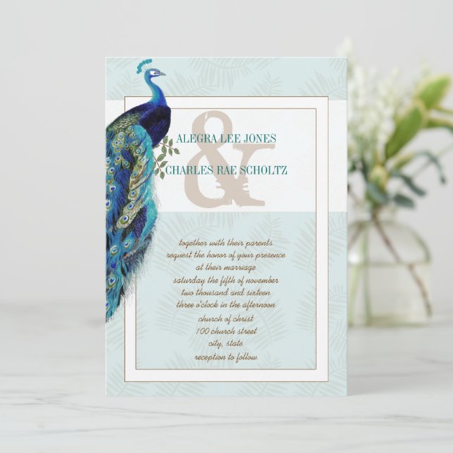 Aqua Blue and Brown Peacock Wedding Invitation (Standing Front)