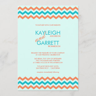 Aqua Blue and Coral Chevron Wedding Invitations