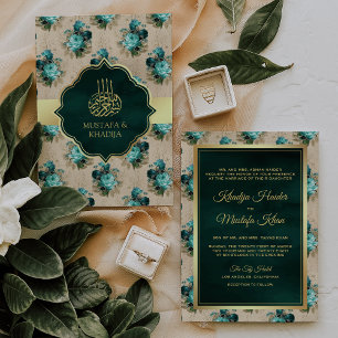 Aqua Blue and Emerald Green Floral Muslim Wedding Invitation