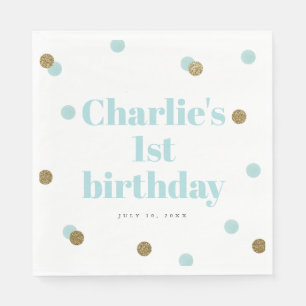 Aqua blue and gold confetti first birthday party napkin