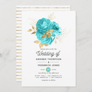Aqua Blue and Gold Floral Wedding Invitation