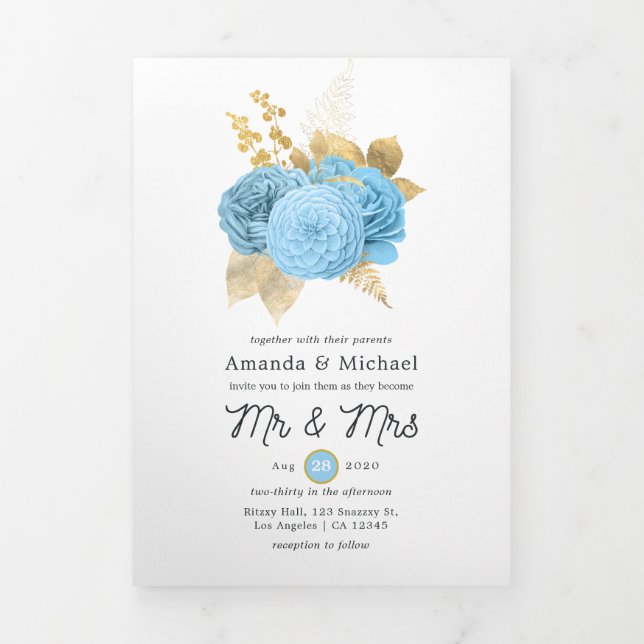 Aqua Blue and Gold Floral Wedding Photo Tri-Fold I Invitation (Cover)