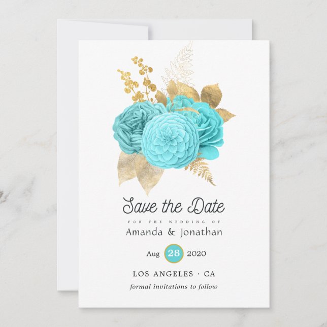 Aqua Blue and Gold Floral Wedding Save The Date (Front)