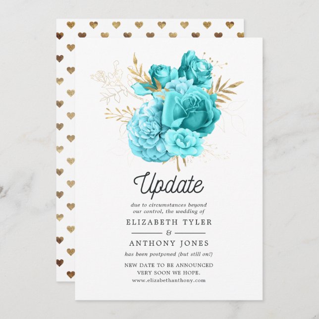 Aqua Blue and Gold Floral Wedding Update Invitation (Front/Back)