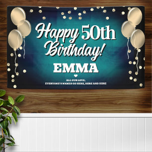 Aqua Blue and Gold Happy Birthday Banner