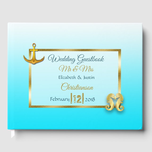 Aqua Blue and Gold Heart Wedding Book (Front)