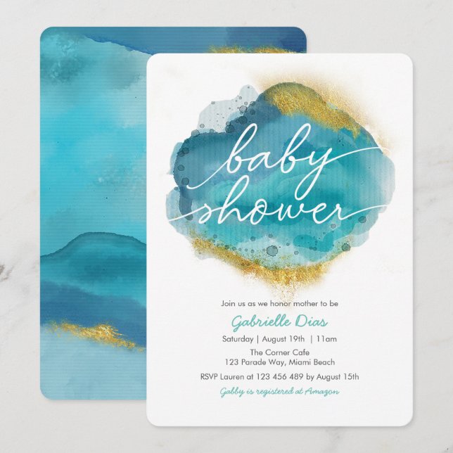 Aqua Blue and gold Ocean Baby Shower invitation (Front/Back)