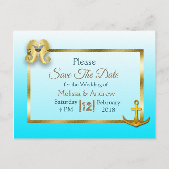 Aqua Blue and Gold Save the Date Postcards (Front)