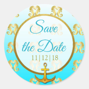 Aqua Blue and Gold Seahorse Save the Date Stickers