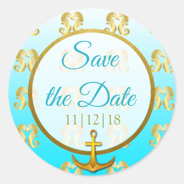 Aqua Blue and Gold Seahorse Save the Date Stickers (Front)