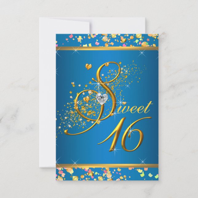 Aqua Blue and Gold Sweet Sixteen Party Invitation (Front)