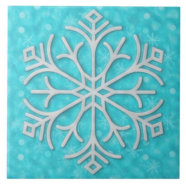 Aqua Blue and Gray Snow Snowflake Holiday Art Tile (Front)