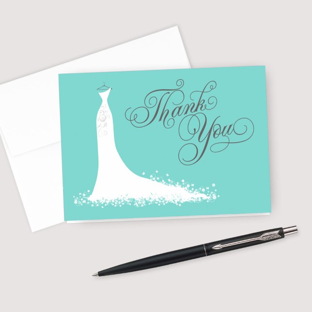 Aqua Blue and Grey Bridal Shower | Elegant Gown Thank You Card (Creator Uploaded)