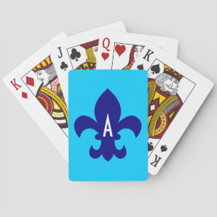 Aqua Blue and Navy Fleur de Lis Monogram Playing Cards