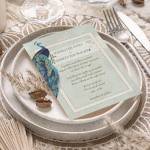 Aqua Blue and Navy Peacock Wedding Invitation