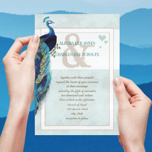 Aqua Blue and Navy Peacock Wedding Invitation