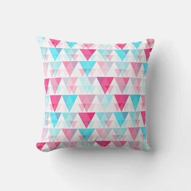 Aqua Blue and Pink Triangles Geometric Pattern Cushion (Front)