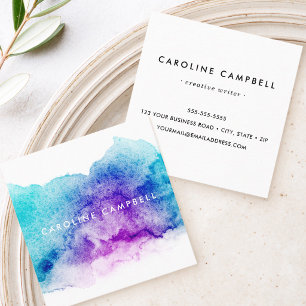 Aqua blue and purple watercolor square business card