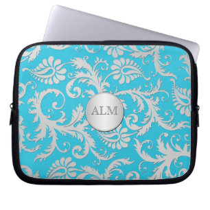 Aqua Blue and Silver Damask Laptop Sleeve
