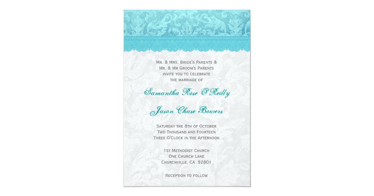 Aqua Blue and Silver Wedding Lace V200 Invitation | Zazzle ...