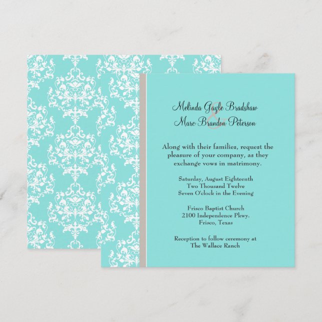 Aqua Blue and Taupe Damask Wedding Invitation (Front/Back)