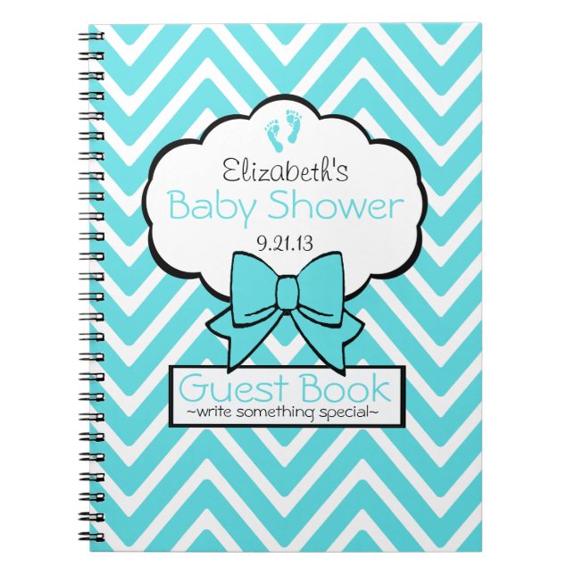Aqua Blue and White Chevron Baby Shower Guest Book (Front)