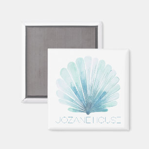 Aqua Blue and White Coastal Seashell Personalised Magnet
