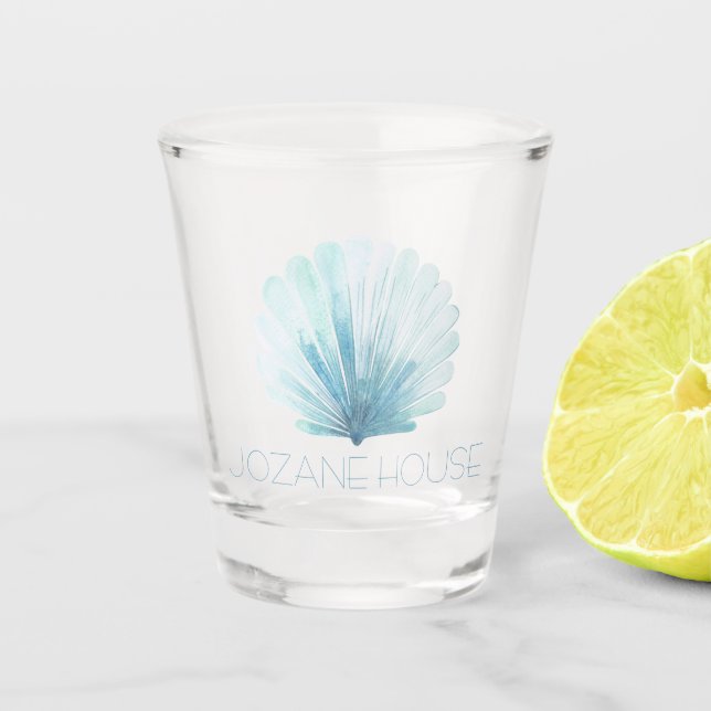 Aqua Blue and White Coastal Seashell Personalised Shot Glass (Front)
