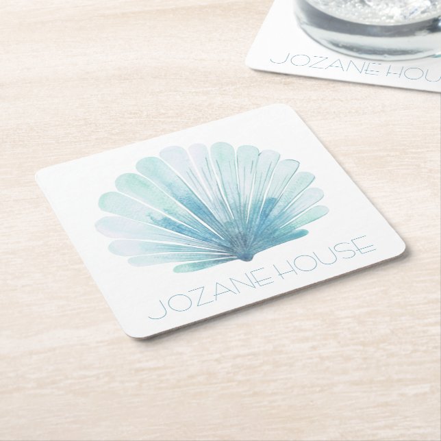 Aqua Blue and White Coastal Seashell Personalised Square Paper Coaster (Angled)