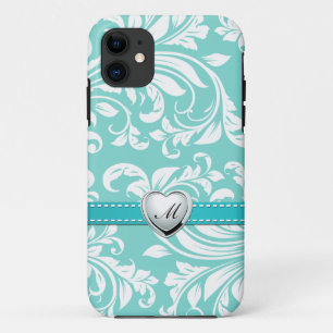 Aqua Blue and White Damask Pattern with Monogram iPhone 11 Case