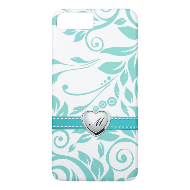 Aqua Blue and White Damask Pattern with Monogram Case-Mate iPhone Case (Back)