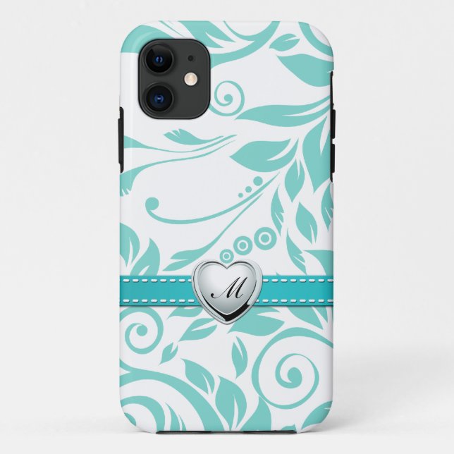 Aqua Blue and White Damask Pattern with Monogram Case-Mate iPhone Case (Back)