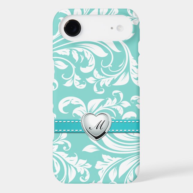 Aqua Blue and White Damask Pattern with Monogram Case-Mate iPhone Case (Back)