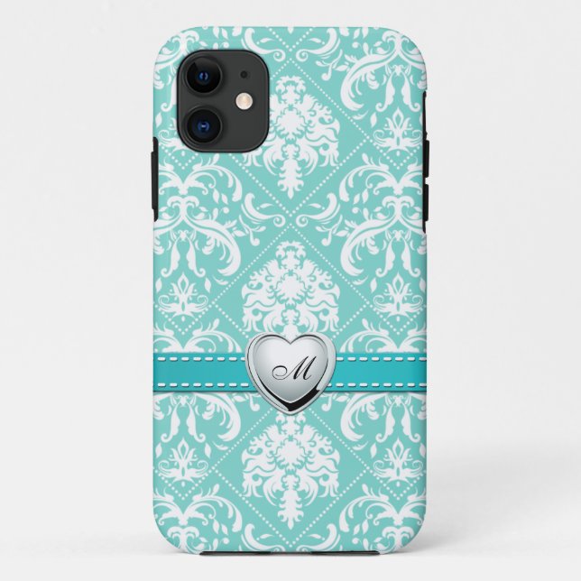 Aqua Blue and White Damask Pattern with Monogram Case-Mate iPhone Case (Back)