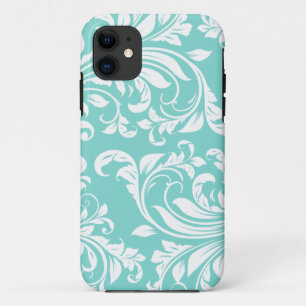 Aqua Blue and White Damasked Pattern iPhone 11 Case