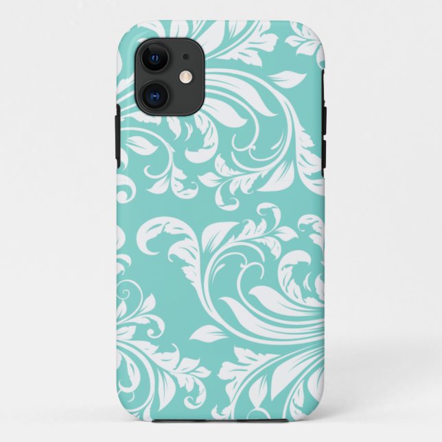 Aqua Blue and White Damasked Pattern Case-Mate iPhone Case (Back)