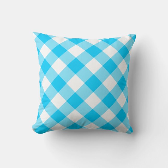 Aqua Blue and White Diagonal Gingham Pattern Cushion (Front)